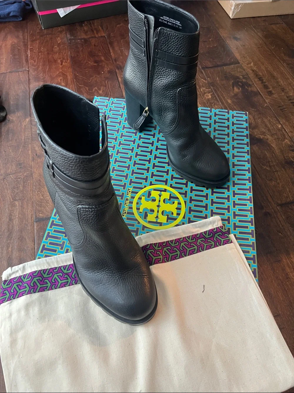 Tory Burch Black Leather Block Heel Ankle Boots with Side Zip